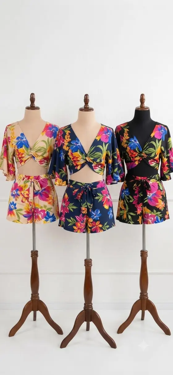 Conjunto Cropped Amarrado e Shorts Floral
