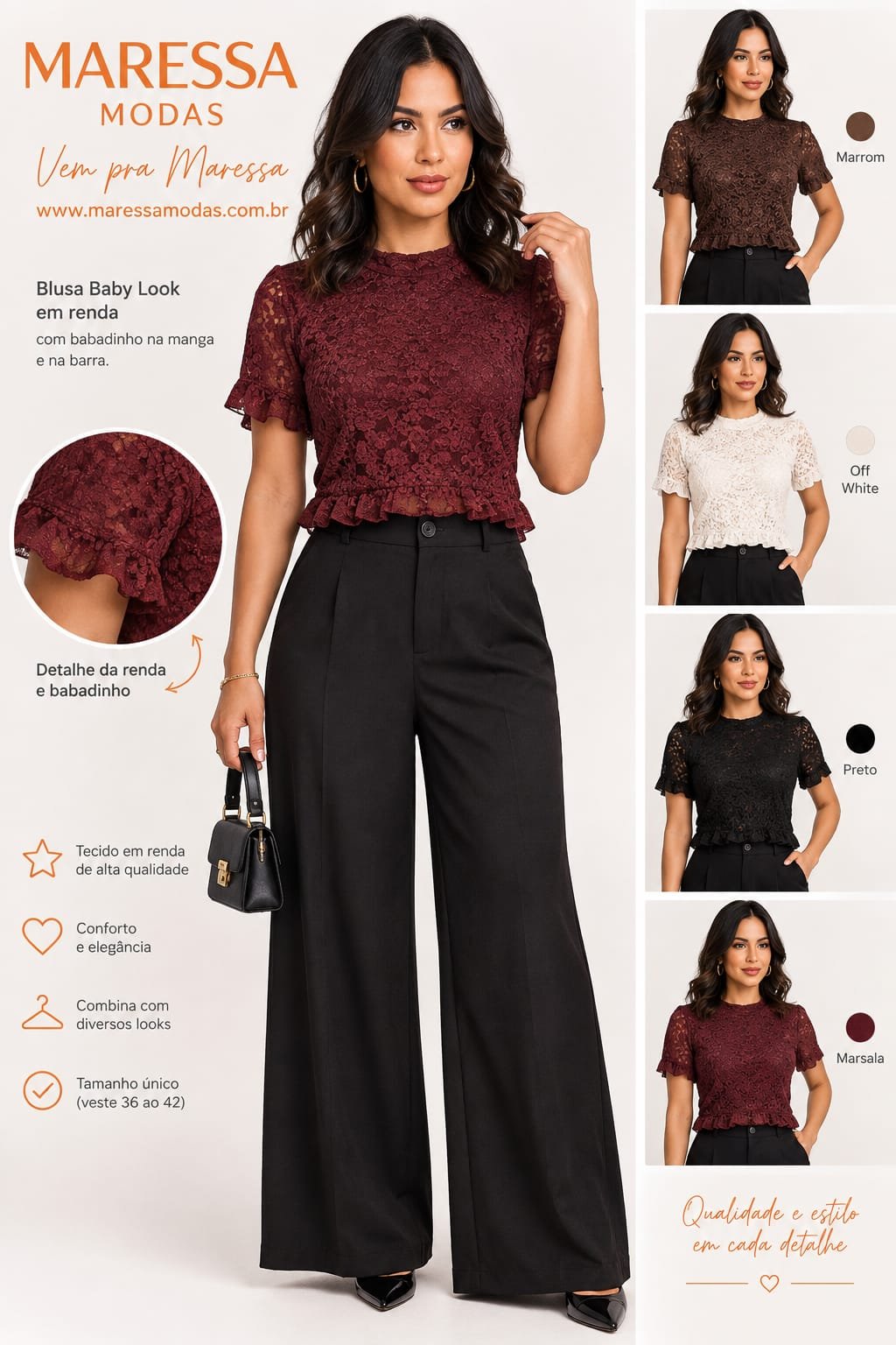 Blusa de Renda Manga Curta com Babado